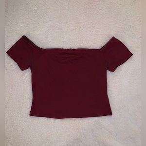 Burgundy off the shoulder ribbed short sleeve crop top
